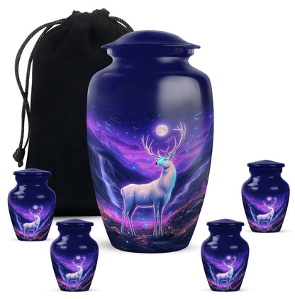 Cobalt Blue Deer Cremation Urn top-down view of secure threaded lid - traditional deer engraving with hand-polished finish - memorial set with one large and four small urns