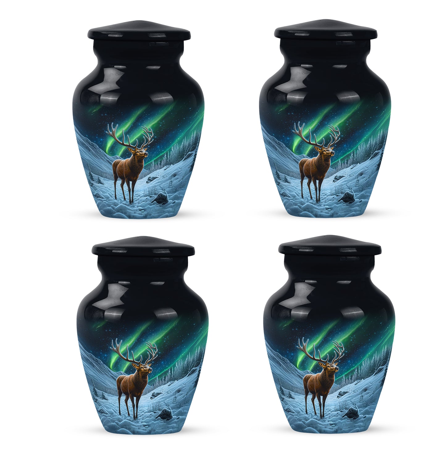 Jet Black Deer Cremation Urn side profile showing urn shape - timeless deer motif etched into premium metal - 10 inch aluminum urn for cremated remains