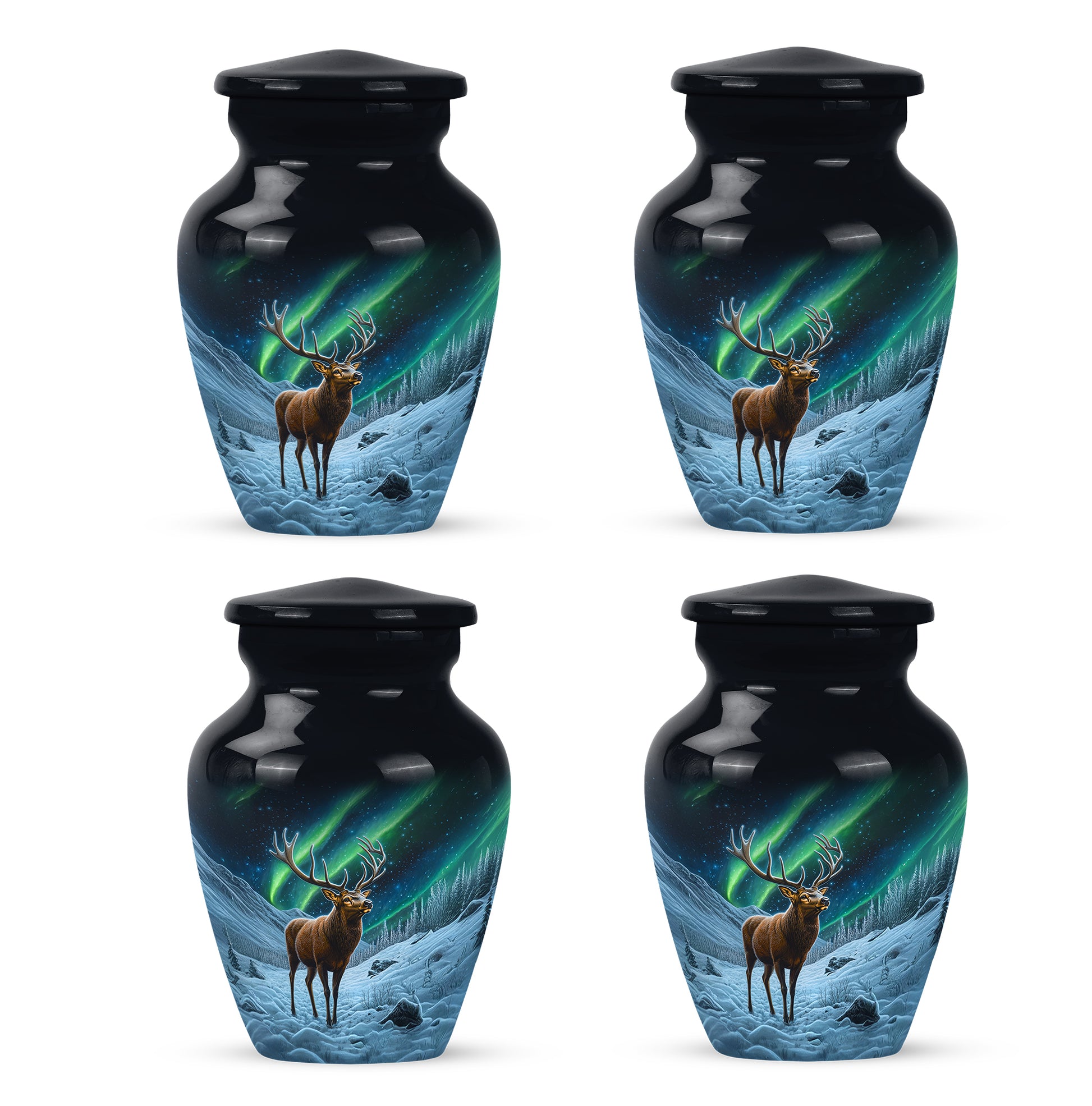 Jet Black Deer Cremation Urn side profile showing urn shape - timeless deer motif etched into premium metal - 10 inch aluminum urn for cremated remains