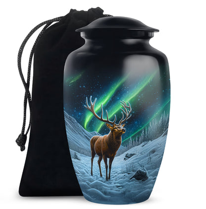 Charcoal Black Deer Cremation Urn angled view of lid and engraved motif - elegant classic deer relief with fine detailing - full-size 10 inch 200 cubic inch adult cremation urn