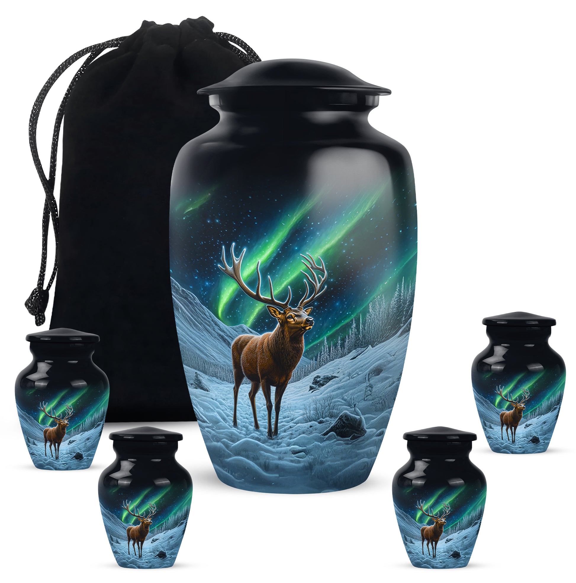 Deep Black Deer Cremation Urn top-down view of secure threaded lid - classic sculpted deer pattern on smooth aluminum - memorial set with one large and four small urns