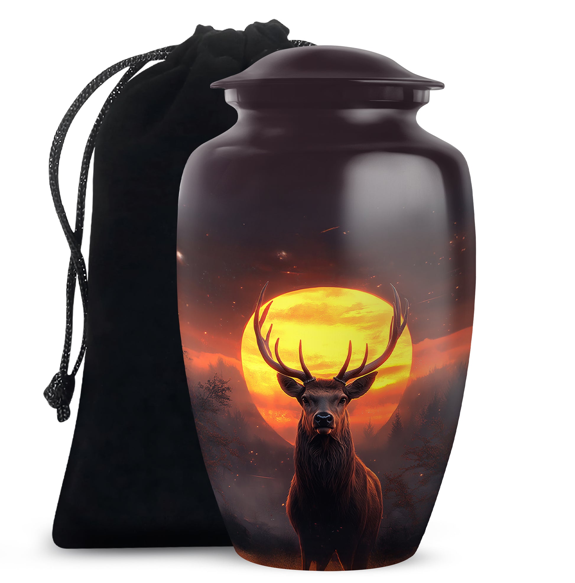 Peony Pink Deer Cremation Urn angled view of lid and engraved motif - timeless deer motif etched into premium metal - full-size 10 inch 200 cubic inch adult cremation urn