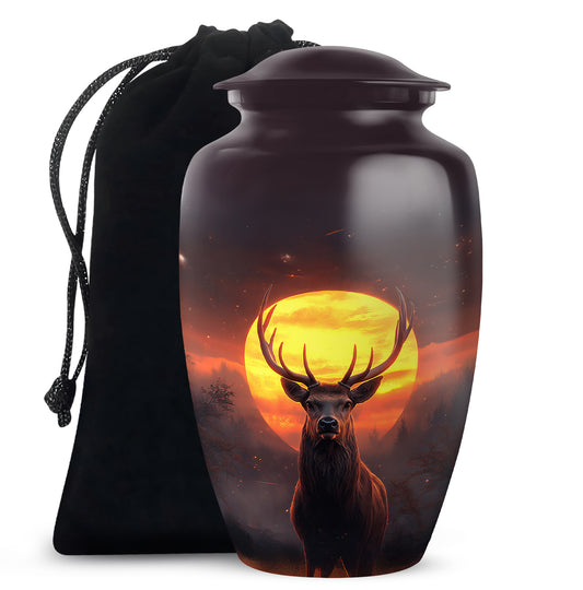 Peony Pink Deer Cremation Urn angled view of lid and engraved motif - timeless deer motif etched into premium metal - full-size 10 inch 200 cubic inch adult cremation urn