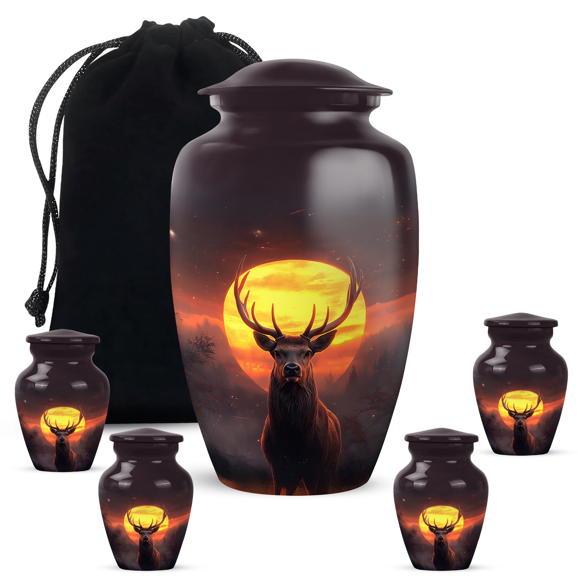 Soft Pink Deer Cremation Urn top-down view of secure threaded lid - elegant classic deer relief with fine detailing - memorial set with one large and four small urns