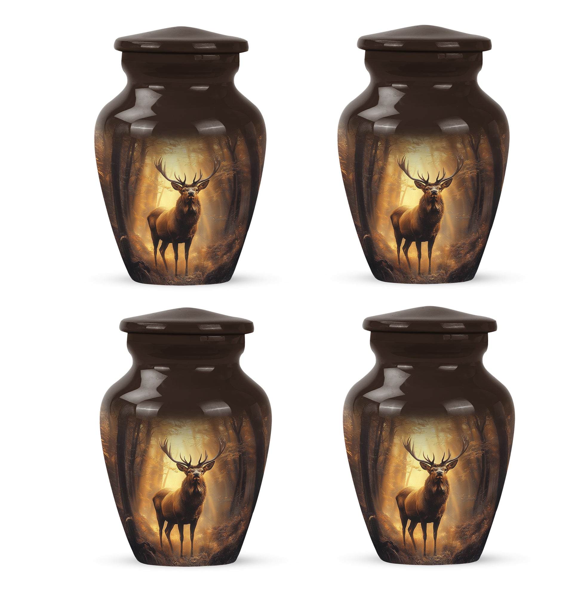 Gilded Gold Deer Cremation Urn side profile showing urn shape - classic sculpted deer pattern on smooth aluminum - 10 inch aluminum urn for cremated remains