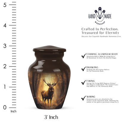 Burnished Gold Deer Cremation Urn close-up of engraving and surface detail - traditional deer engraving with hand-polished finish - mini keepsake memorial for portion of cremation ashes