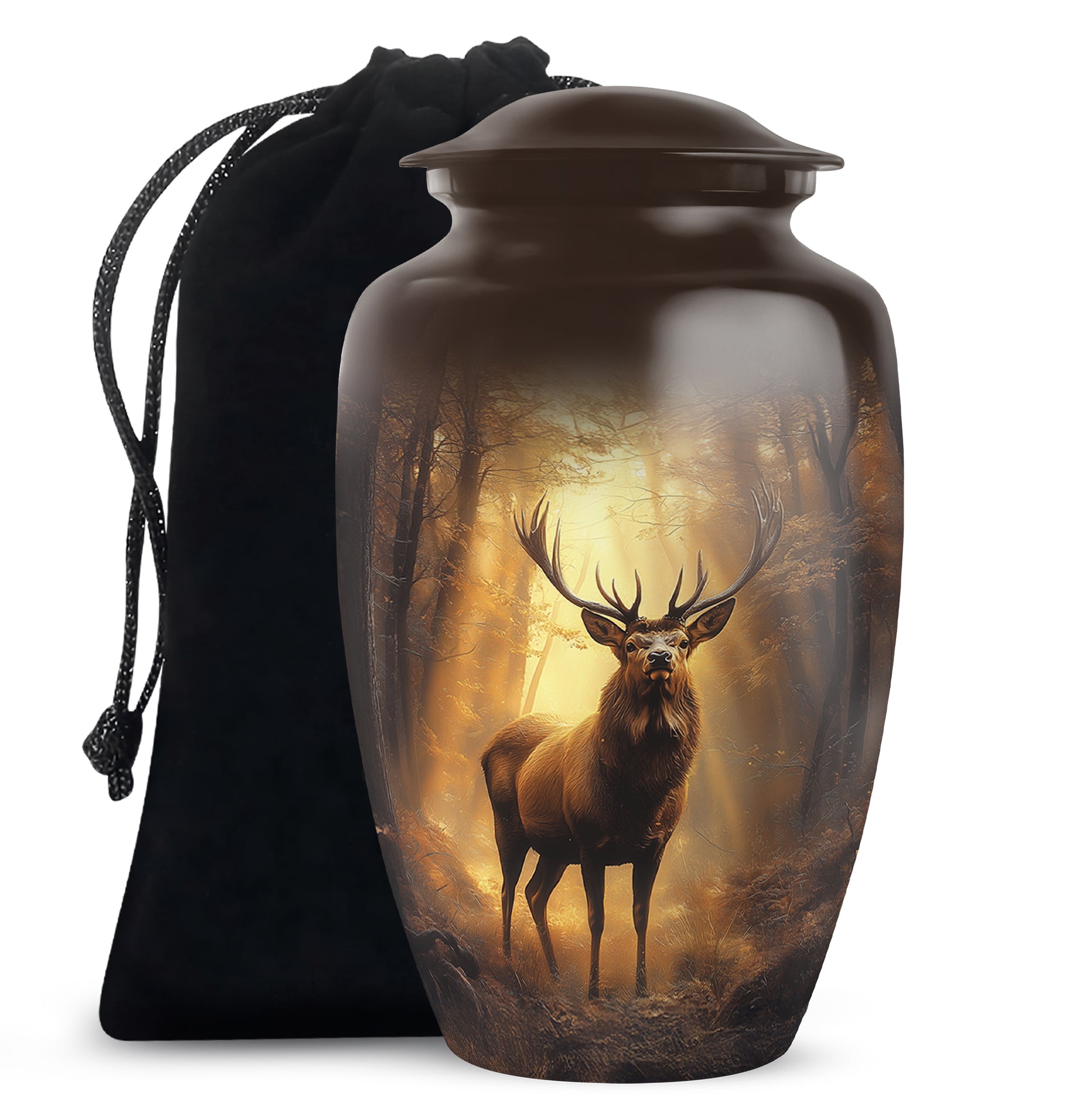 Antique Gold Deer Cremation Urn angled view of lid and engraved motif - classic sculpted deer pattern on smooth aluminum - full-size 10 inch 200 cubic inch adult cremation urn