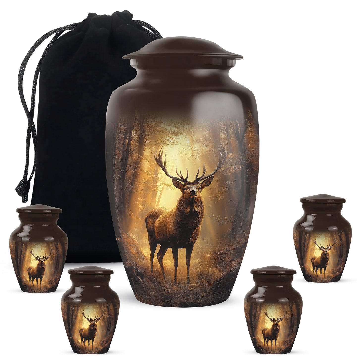 Harvest Gold Deer Cremation Urn top-down view of secure threaded lid - elegant classic deer relief with fine detailing - memorial set with one large and four small urns