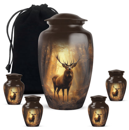 Harvest Gold Deer Cremation Urn top-down view of secure threaded lid - elegant classic deer relief with fine detailing - memorial set with one large and four small urns