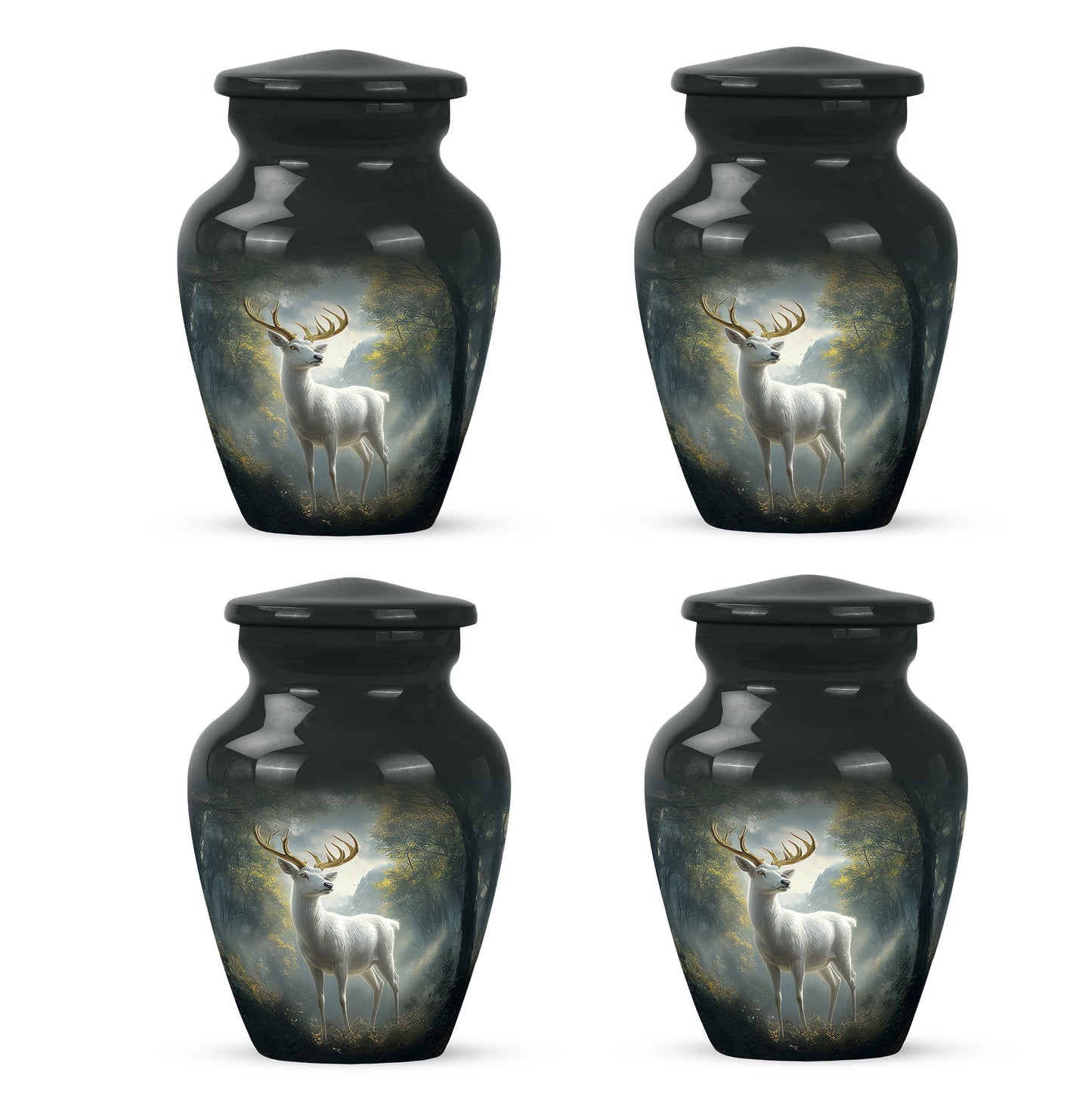 Charcoal Black Deer Cremation Urn side profile showing urn shape - traditional deer engraving with hand-polished finish - 10 inch aluminum urn for cremated remains