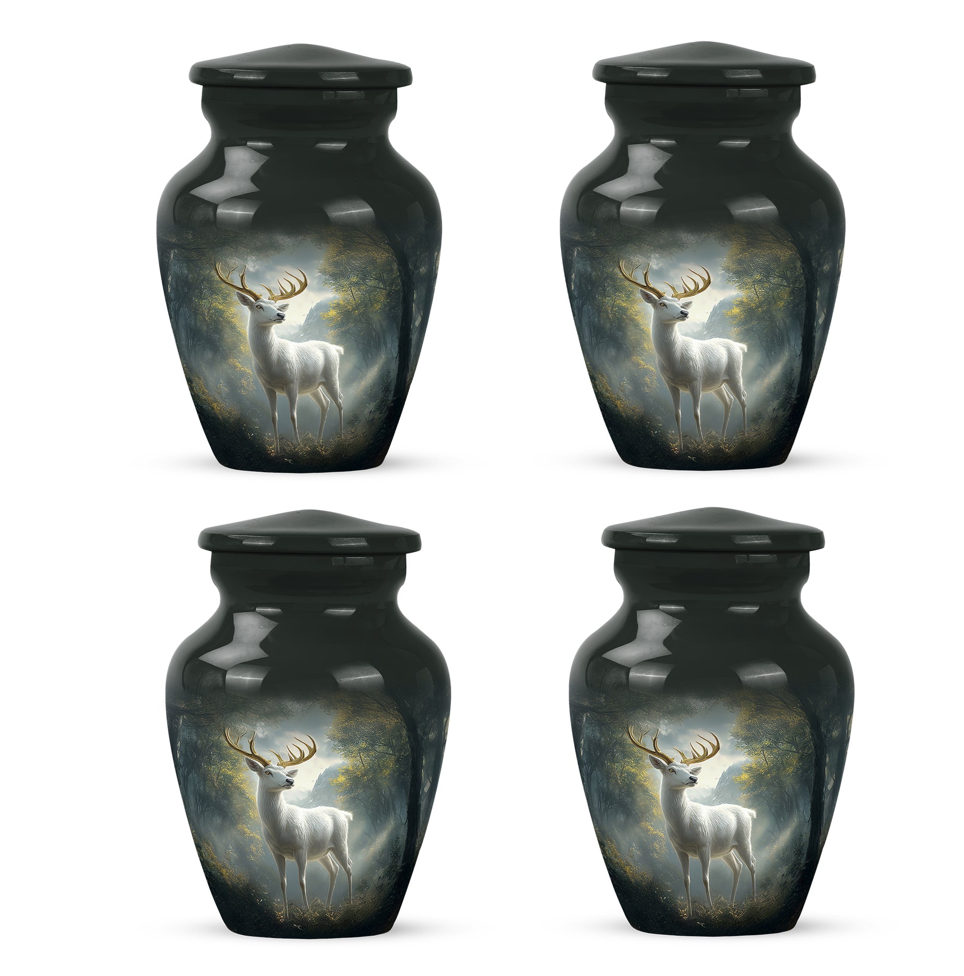 Charcoal Black Deer Cremation Urn side profile showing urn shape - traditional deer engraving with hand-polished finish - 10 inch aluminum urn for cremated remains