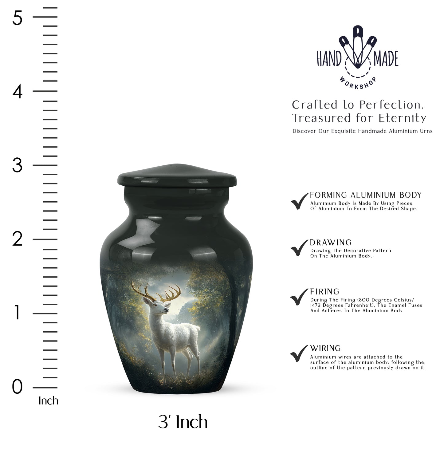 Jet Black Deer Cremation Urn close-up of engraving and surface detail - timeless deer motif etched into premium metal - mini keepsake memorial for portion of cremation ashes