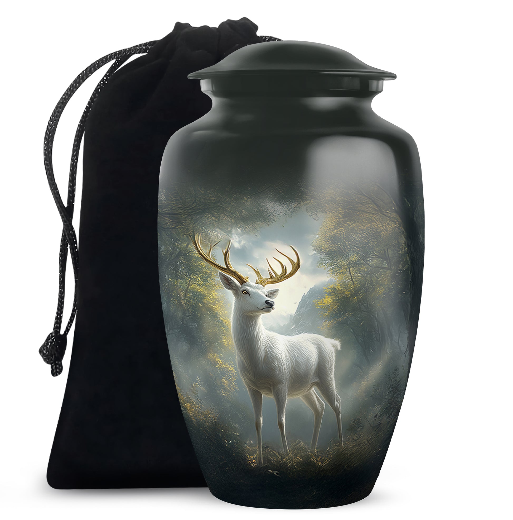 Rich Black Deer Cremation Urn angled view of lid and engraved motif - timeless deer motif etched into premium metal - full-size 10 inch 200 cubic inch adult cremation urn