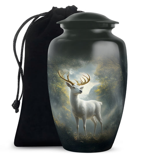 Rich Black Deer Cremation Urn angled view of lid and engraved motif - timeless deer motif etched into premium metal - full-size 10 inch 200 cubic inch adult cremation urn
