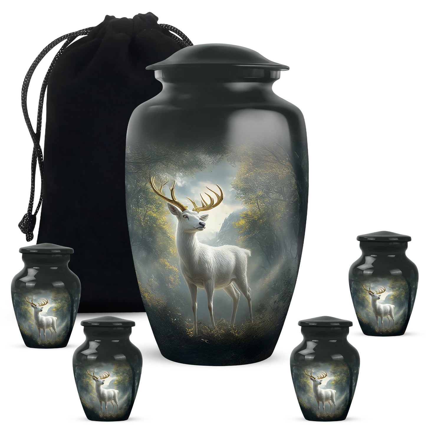 Midnight Black Deer Cremation Urn top-down view of secure threaded lid - elegant classic deer relief with fine detailing - memorial set with one large and four small urns