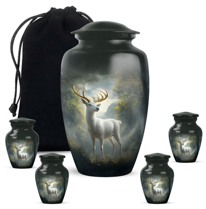 Midnight Black Deer Cremation Urn top-down view of secure threaded lid - elegant classic deer relief with fine detailing - memorial set with one large and four small urns