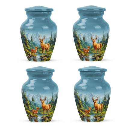 Slate Blue Deer Cremation Urn side profile showing urn shape - classic sculpted deer pattern on smooth aluminum - 10 inch aluminum urn for cremated remains