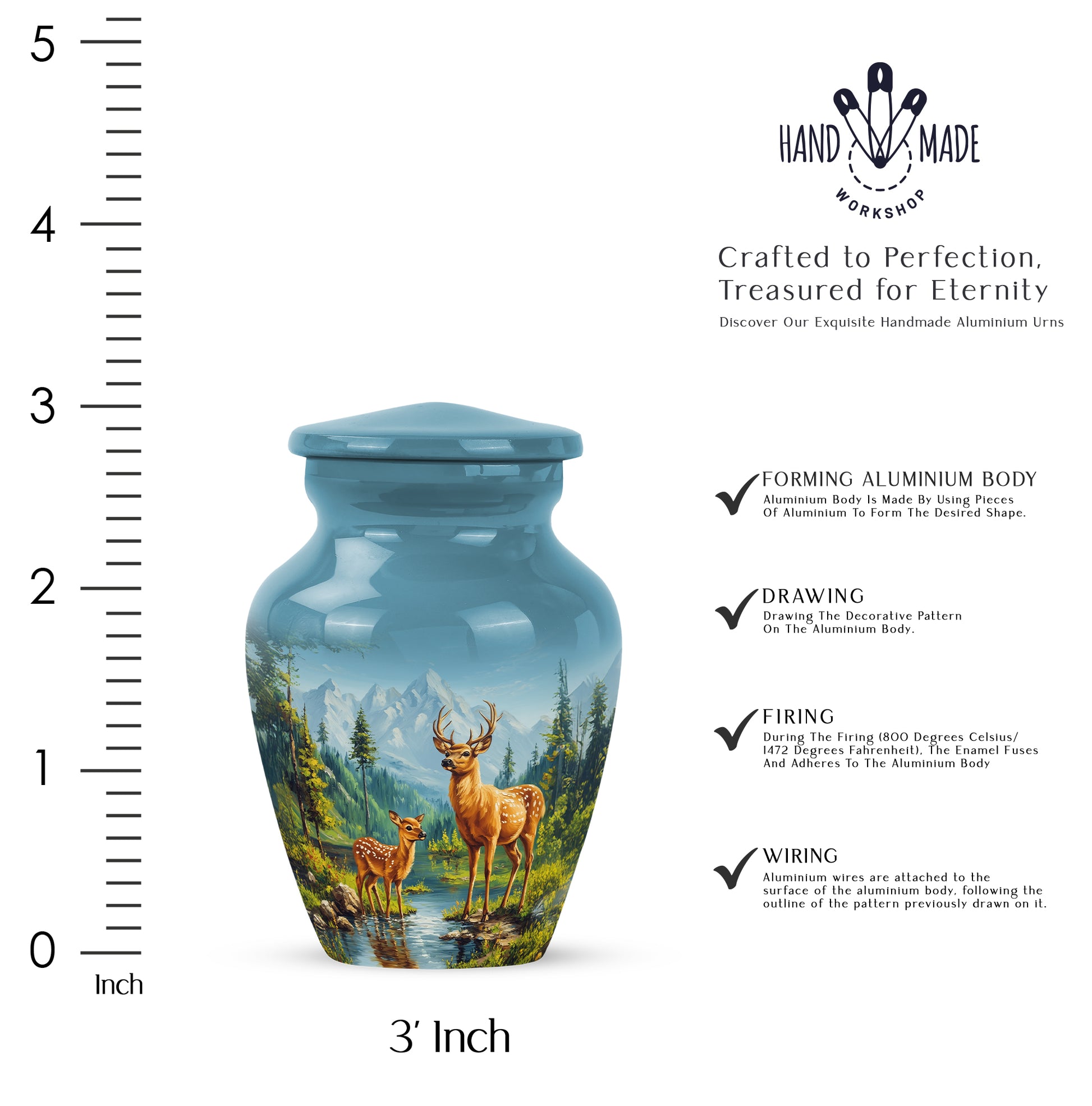 Soft Blue Deer Cremation Urn close-up of engraving and surface detail - traditional deer engraving with hand-polished finish - mini keepsake memorial for portion of cremation ashes