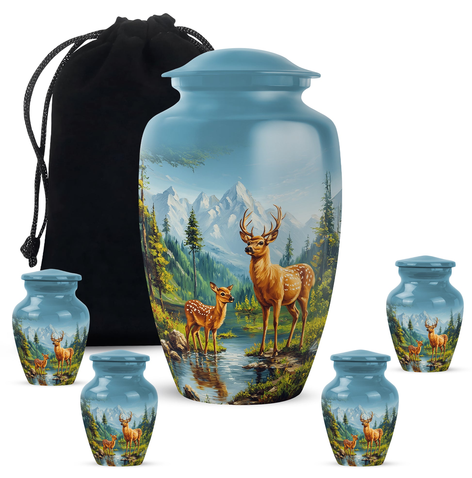 Misty Blue Deer Cremation Urn top-down view of secure threaded lid - timeless deer motif etched into premium metal - memorial set with one large and four small urns