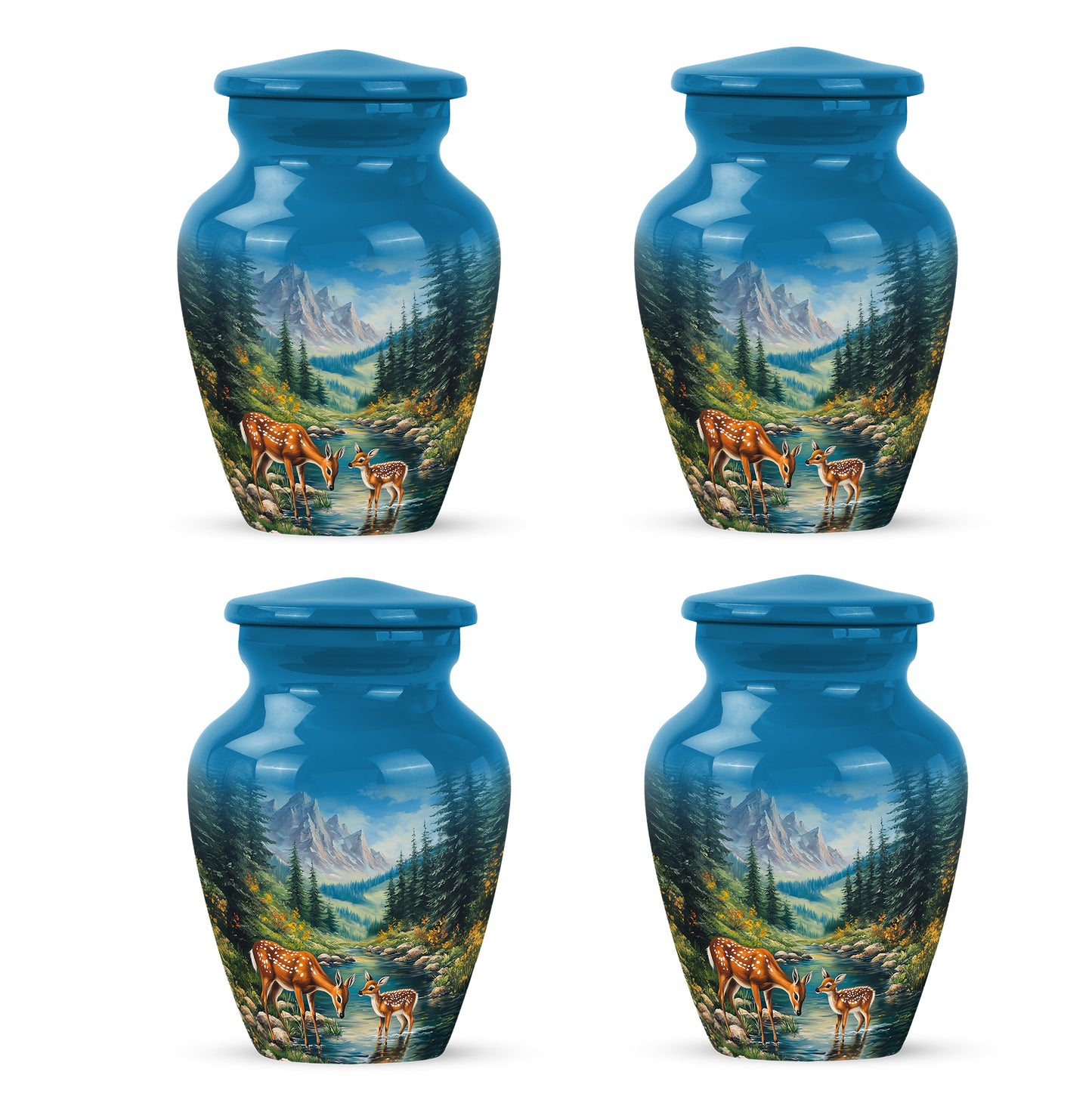 Slate Blue Deer Cremation Urn side profile showing urn shape - timeless deer motif etched into premium metal - 10 inch aluminum urn for cremated remains