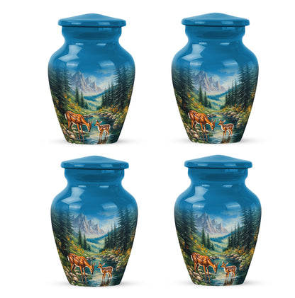 Slate Blue Deer Cremation Urn side profile showing urn shape - timeless deer motif etched into premium metal - 10 inch aluminum urn for cremated remains