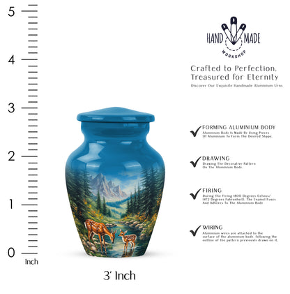 Indigo Deer Cremation Urn close-up of engraving and surface detail - timeless deer motif etched into premium metal - mini keepsake memorial for portion of cremation ashes