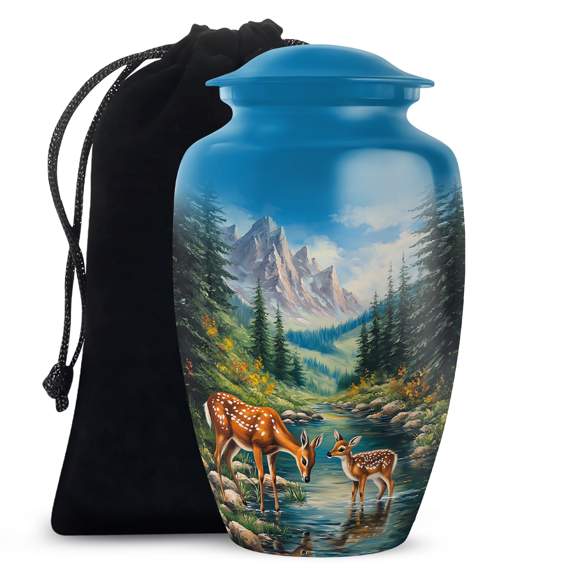 Steel Blue Deer Cremation Urn angled view of lid and engraved motif - elegant classic deer relief with fine detailing - full-size 10 inch 200 cubic inch adult cremation urn