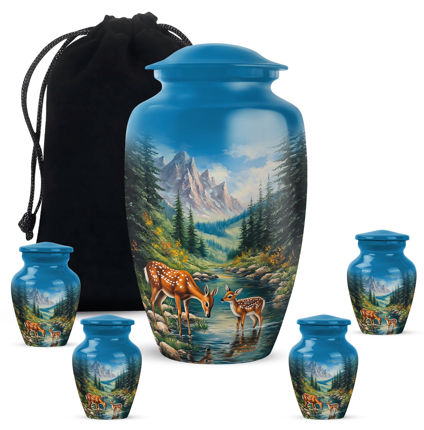 Cornflower Blue Deer Cremation Urn top-down view of secure threaded lid - traditional deer engraving with hand-polished finish - memorial set with one large and four small urns