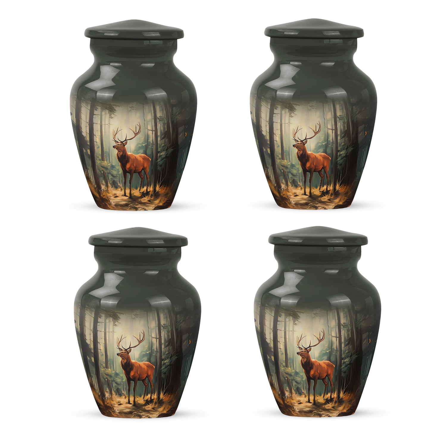 Jet Black Deer Cremation Urn side profile showing urn shape - classic sculpted deer pattern on smooth aluminum - 10 inch aluminum urn for cremated remains