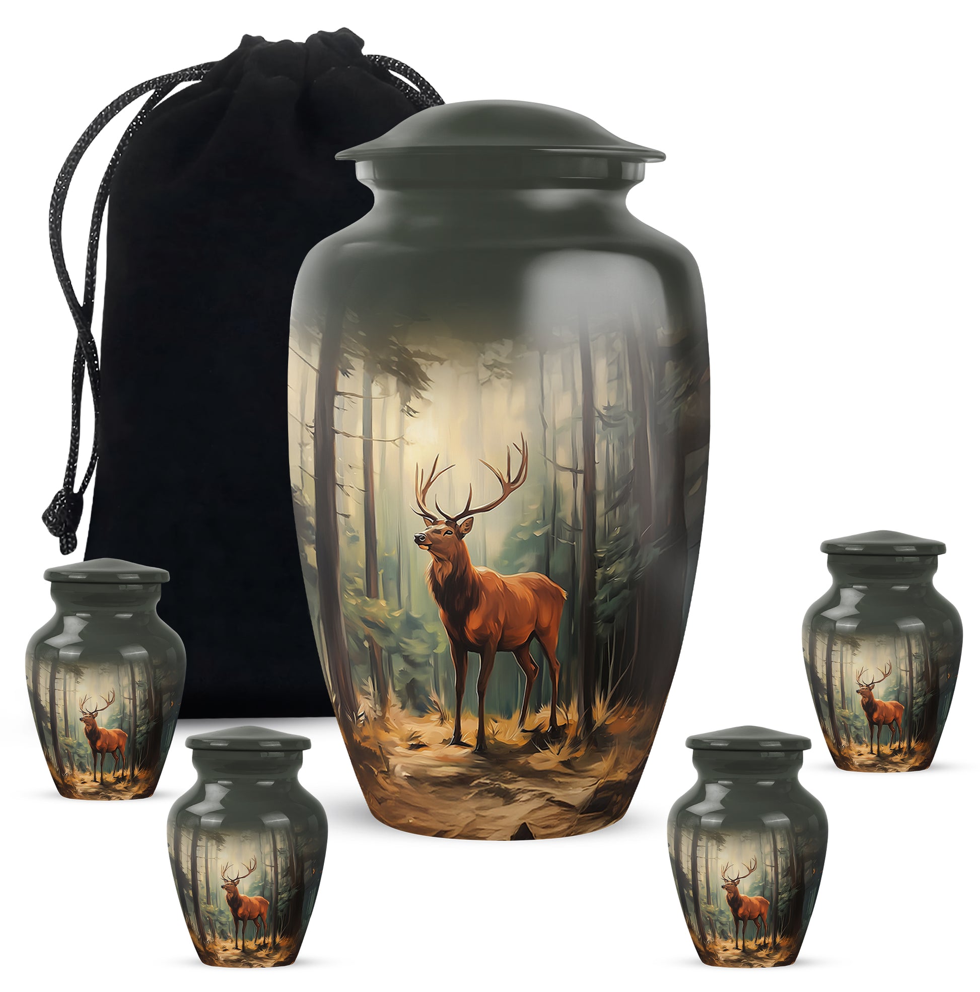 Obsidian Black Deer Cremation Urn top-down view of secure threaded lid - traditional deer engraving with hand-polished finish - memorial set with one large and four small urns