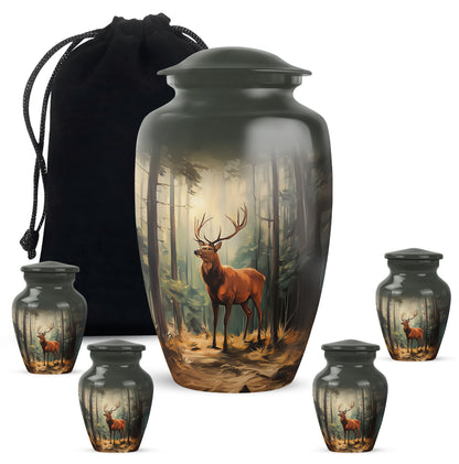 Obsidian Black Deer Cremation Urn top-down view of secure threaded lid - traditional deer engraving with hand-polished finish - memorial set with one large and four small urns