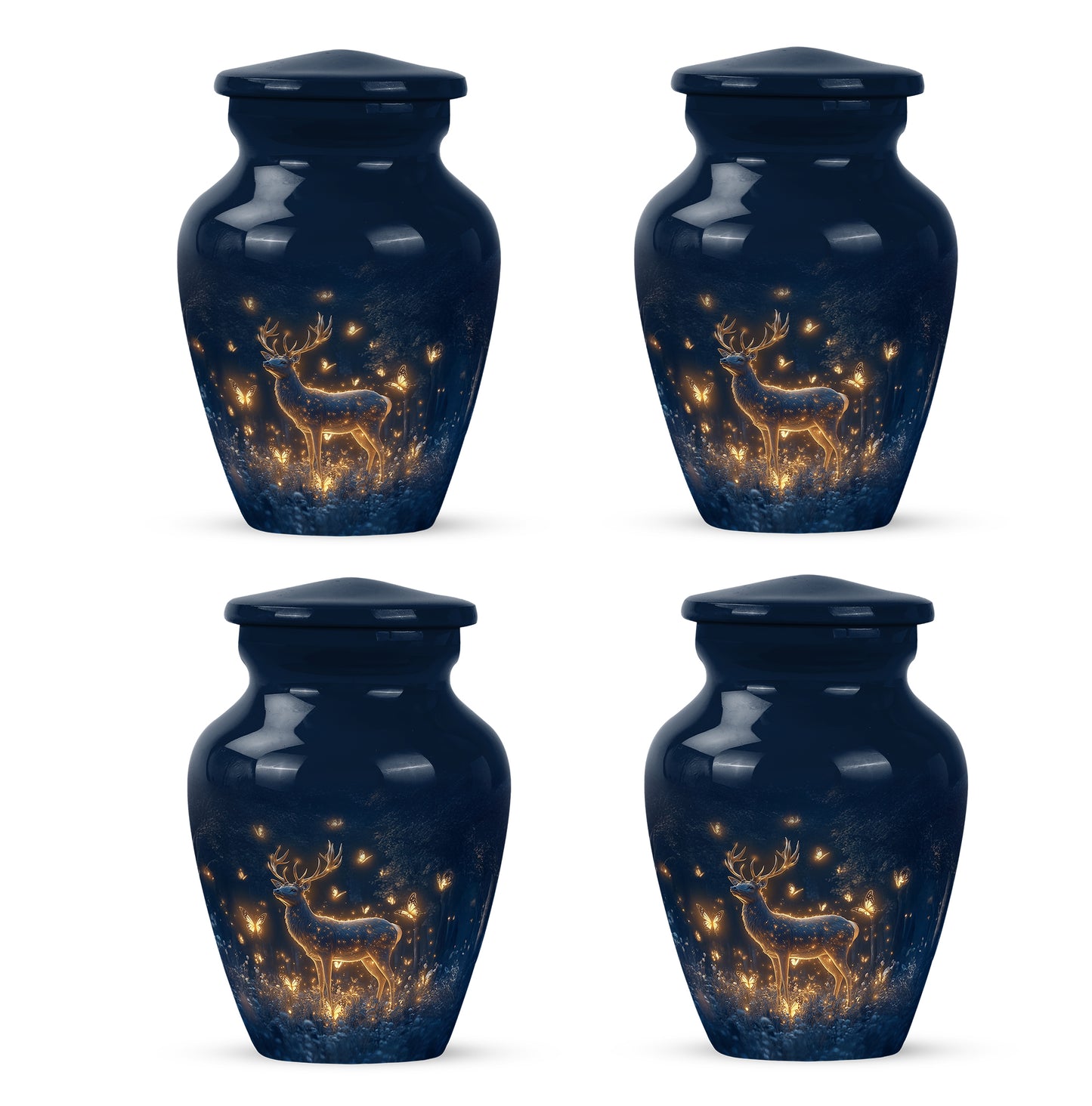 Steel Blue Deer Cremation Urn side profile showing urn shape - elegant classic deer relief with fine detailing - 10 inch aluminum urn for cremated remains