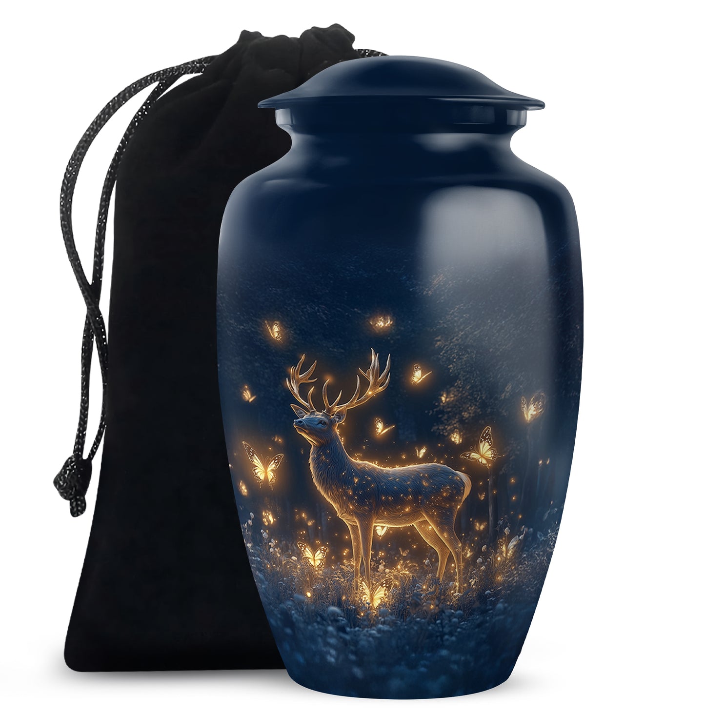 Celestial Blue Deer Cremation Urn angled view of lid and engraved motif - classic sculpted deer pattern on smooth aluminum - full-size 10 inch 200 cubic inch adult cremation urn