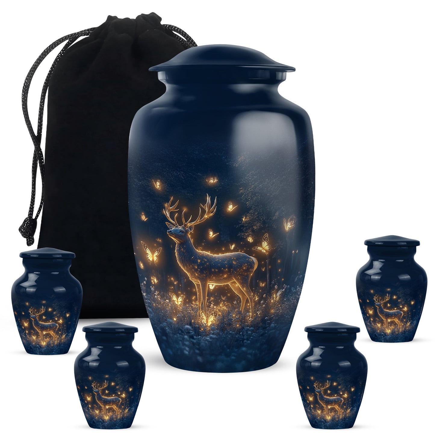 Cobalt Blue Deer Cremation Urn top-down view of secure threaded lid - elegant classic deer relief with fine detailing - memorial set with one large and four small urns