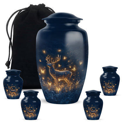 Cobalt Blue Deer Cremation Urn top-down view of secure threaded lid - elegant classic deer relief with fine detailing - memorial set with one large and four small urns