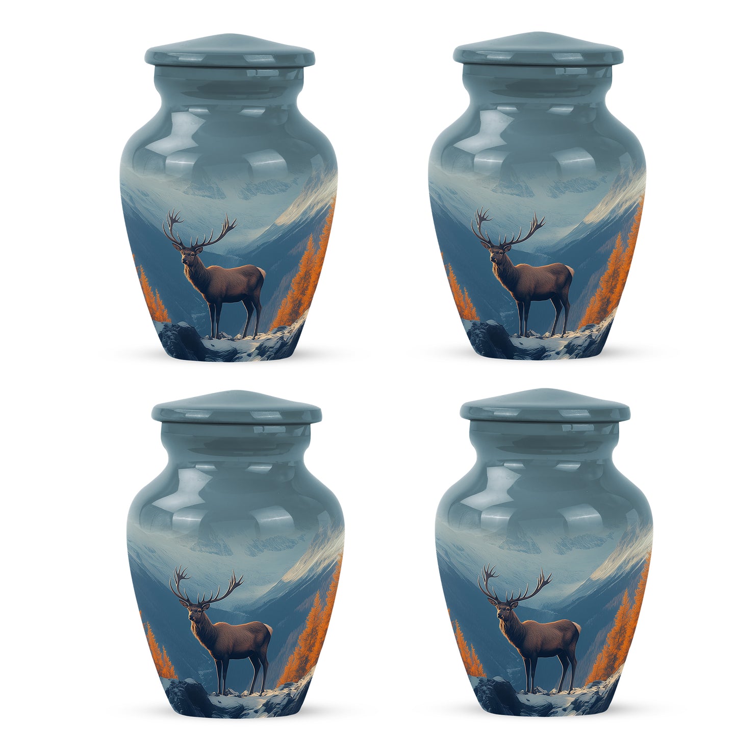 Cornflower Blue Deer Cremation Urn side profile showing urn shape - elegant classic deer relief with fine detailing - 10 inch aluminum urn for cremated remains