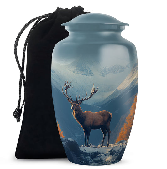 Pastel Blue Deer Cremation Urn angled view of lid and engraved motif - timeless deer motif etched into premium metal - full-size 10 inch 200 cubic inch adult cremation urn