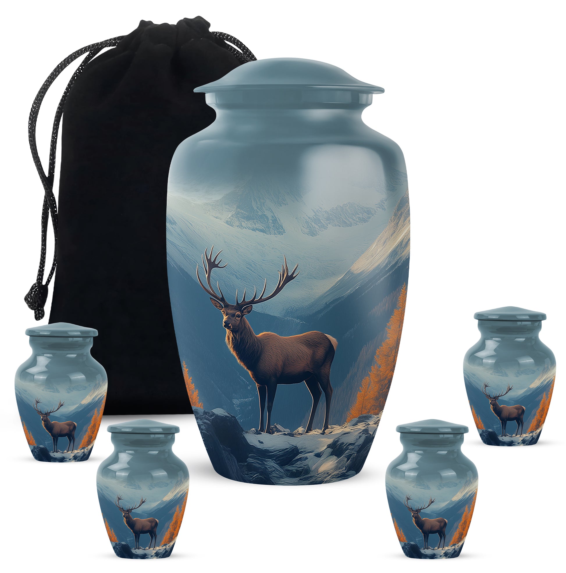 Cobalt Blue Deer Cremation Urn top-down view of secure threaded lid - traditional deer engraving with hand-polished finish - memorial set with one large and four small urns