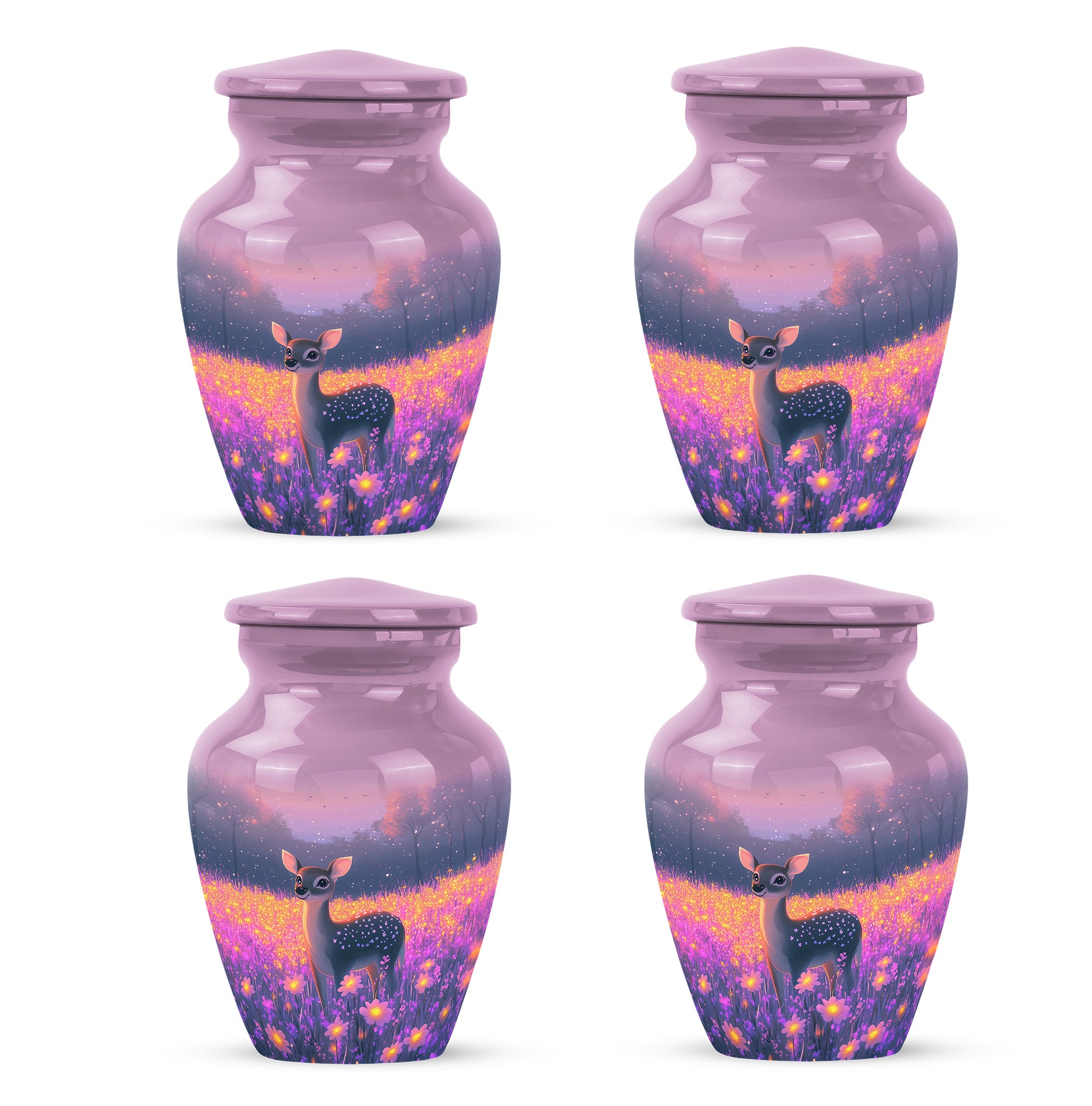 Rose Pink Deer Cremation Urn side profile showing urn shape - classic sculpted deer pattern on smooth aluminum - 10 inch aluminum urn for cremated remains