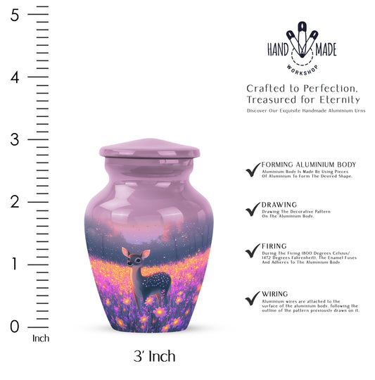 Salmon Pink Deer Cremation Urn close-up of engraving and surface detail - traditional deer engraving with hand-polished finish - mini keepsake memorial for portion of cremation ashes