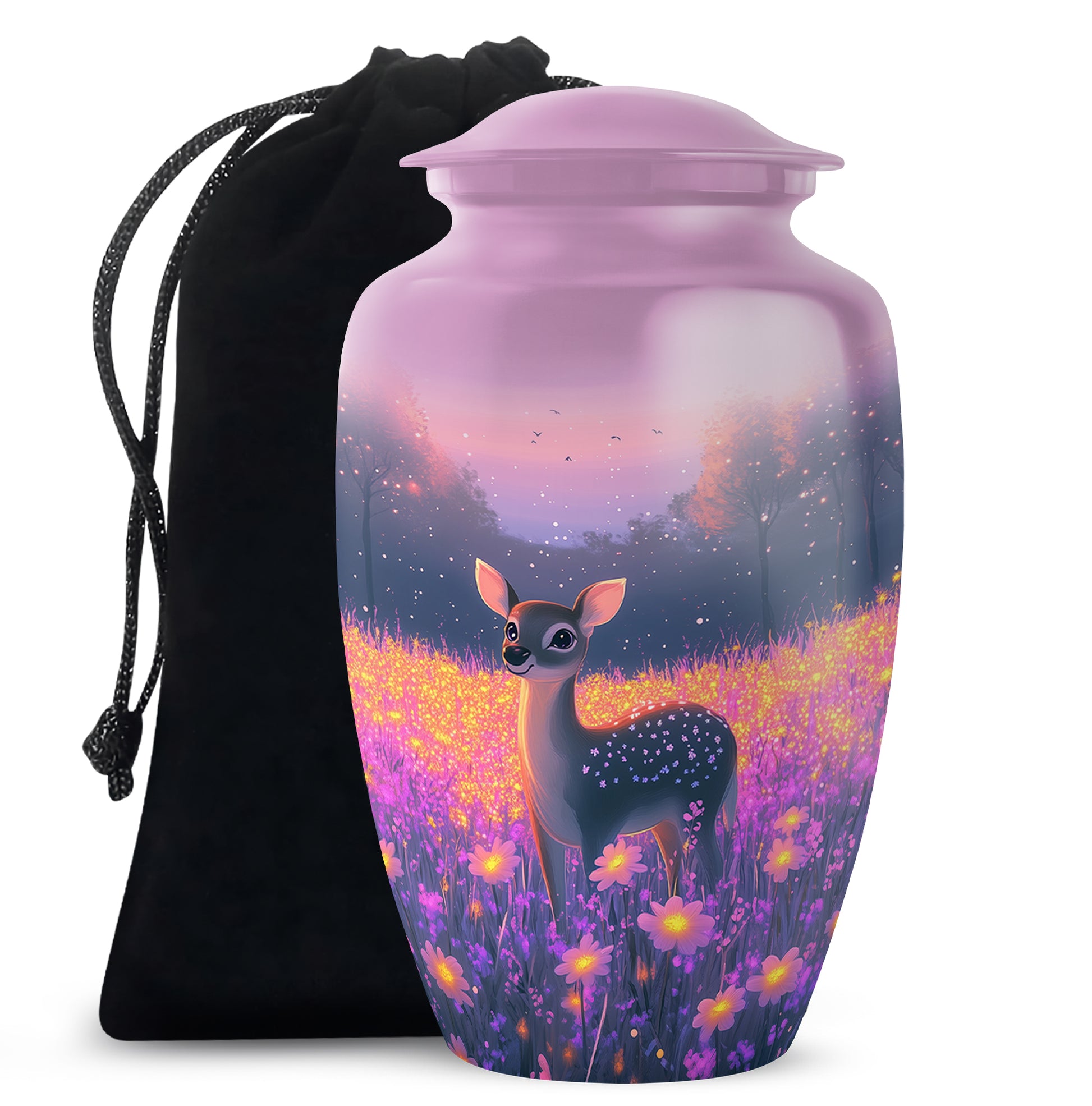 Rose Pink Deer Cremation Urn angled view of lid and engraved motif - classic sculpted deer pattern on smooth aluminum - full-size 10 inch 200 cubic inch adult cremation urn