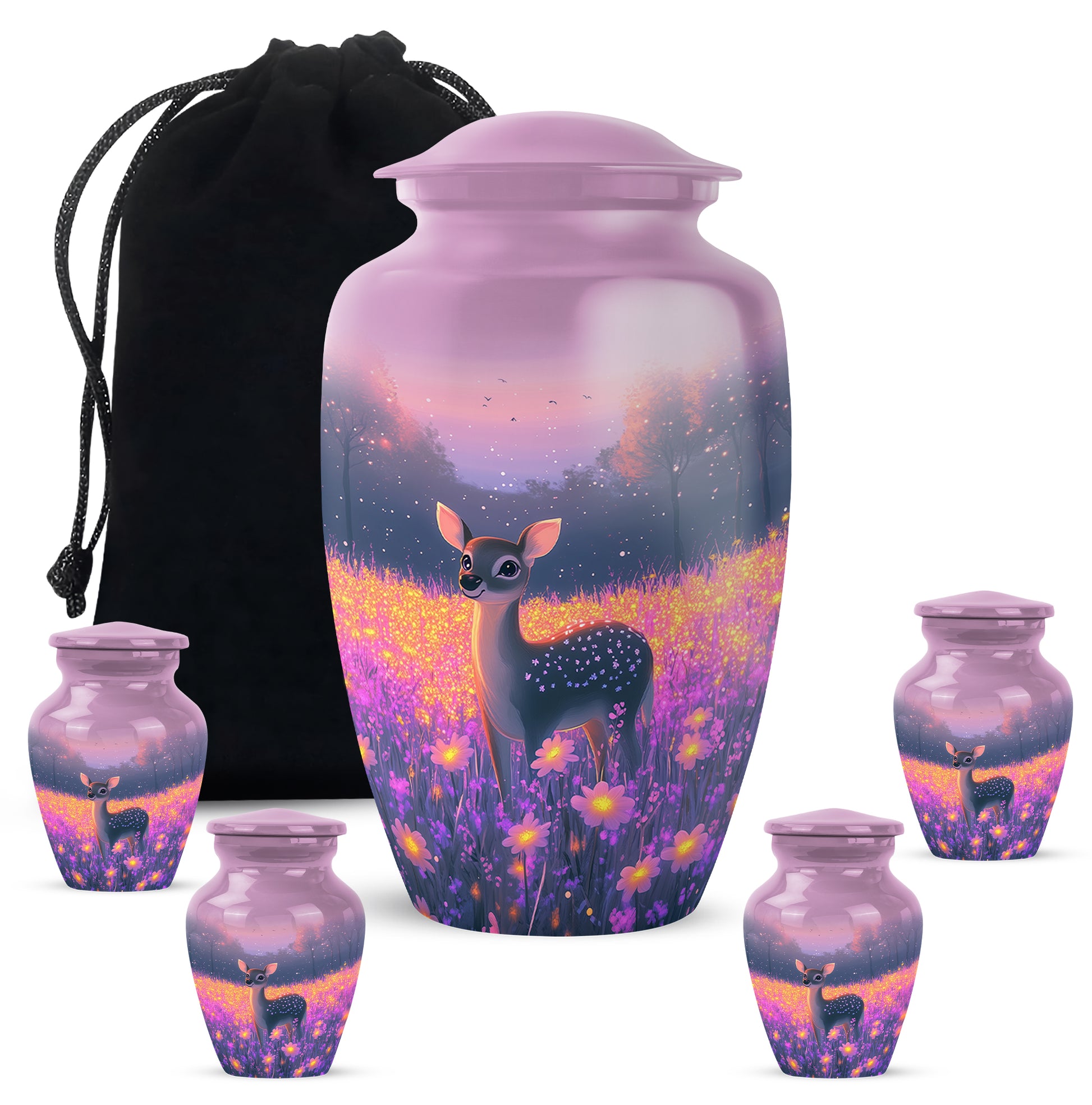 Blush Pink Deer Cremation Urn top-down view of secure threaded lid - timeless deer motif etched into premium metal - memorial set with one large and four small urns