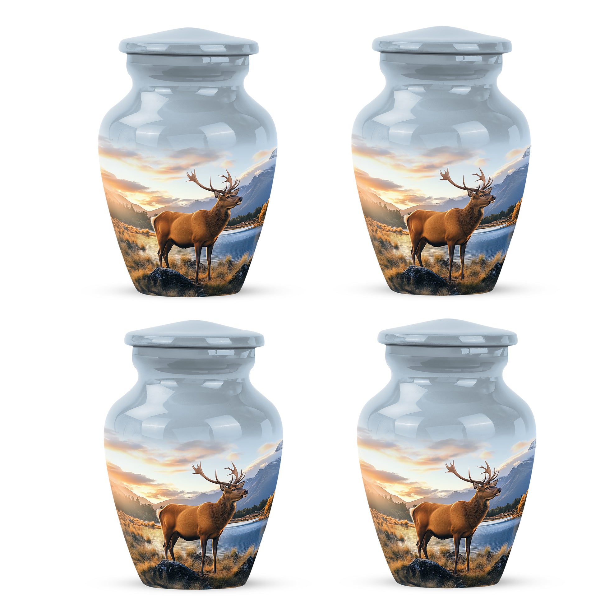 Dusty Blue Deer Cremation Urn side profile showing urn shape - timeless deer motif etched into premium metal - 10 inch aluminum urn for cremated remains