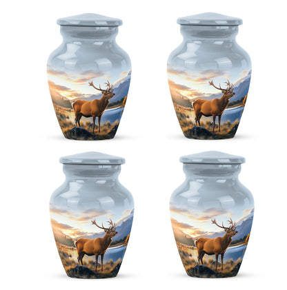 Dusty Blue Deer Cremation Urn side profile showing urn shape - timeless deer motif etched into premium metal - 10 inch aluminum urn for cremated remains