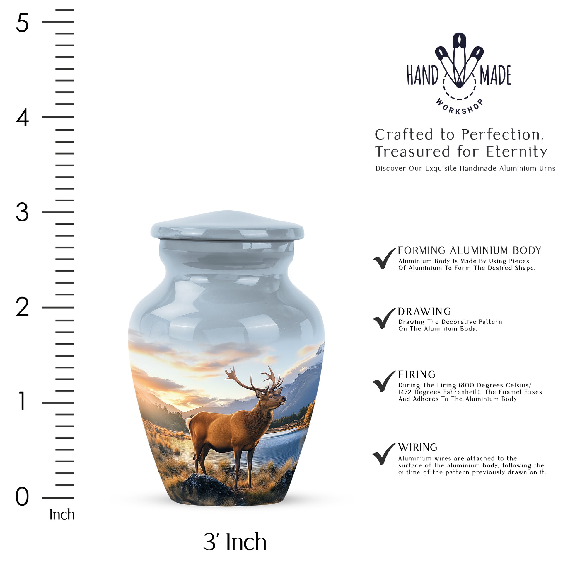 Navy Blue Deer Cremation Urn close-up of engraving and surface detail - timeless deer motif etched into premium metal - mini keepsake memorial for portion of cremation ashes