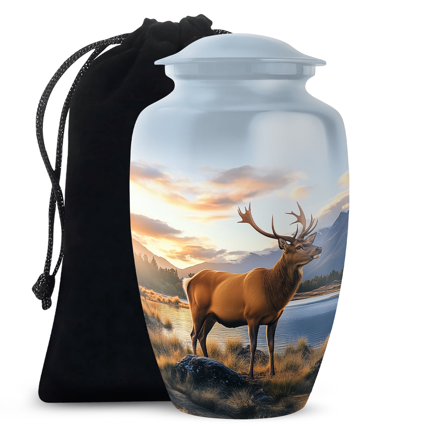 Soft Blue Deer Cremation Urn angled view of lid and engraved motif - elegant classic deer relief with fine detailing - full-size 10 inch 200 cubic inch adult cremation urn
