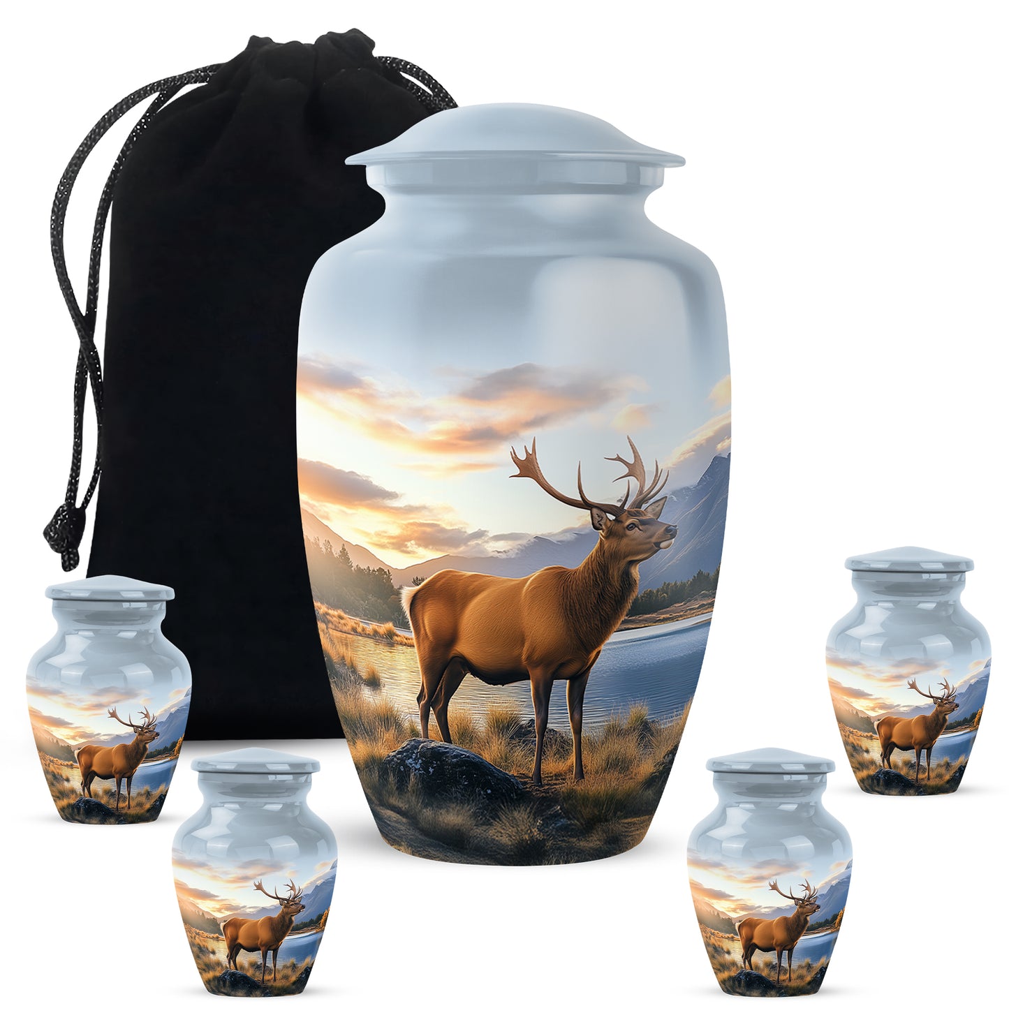 Navy Blue Deer Cremation Urn top-down view of secure threaded lid - classic sculpted deer pattern on smooth aluminum - memorial set with one large and four small urns