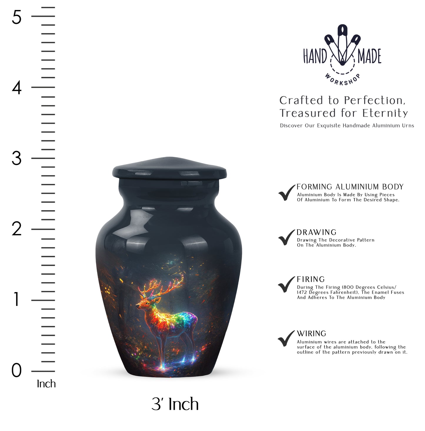 Indigo Deer Cremation Urn close-up of engraving and surface detail - classic sculpted deer pattern on smooth aluminum - mini keepsake memorial for portion of cremation ashes