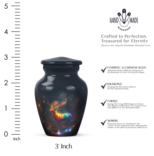 Indigo Deer Cremation Urn close-up of engraving and surface detail - classic sculpted deer pattern on smooth aluminum - mini keepsake memorial for portion of cremation ashes