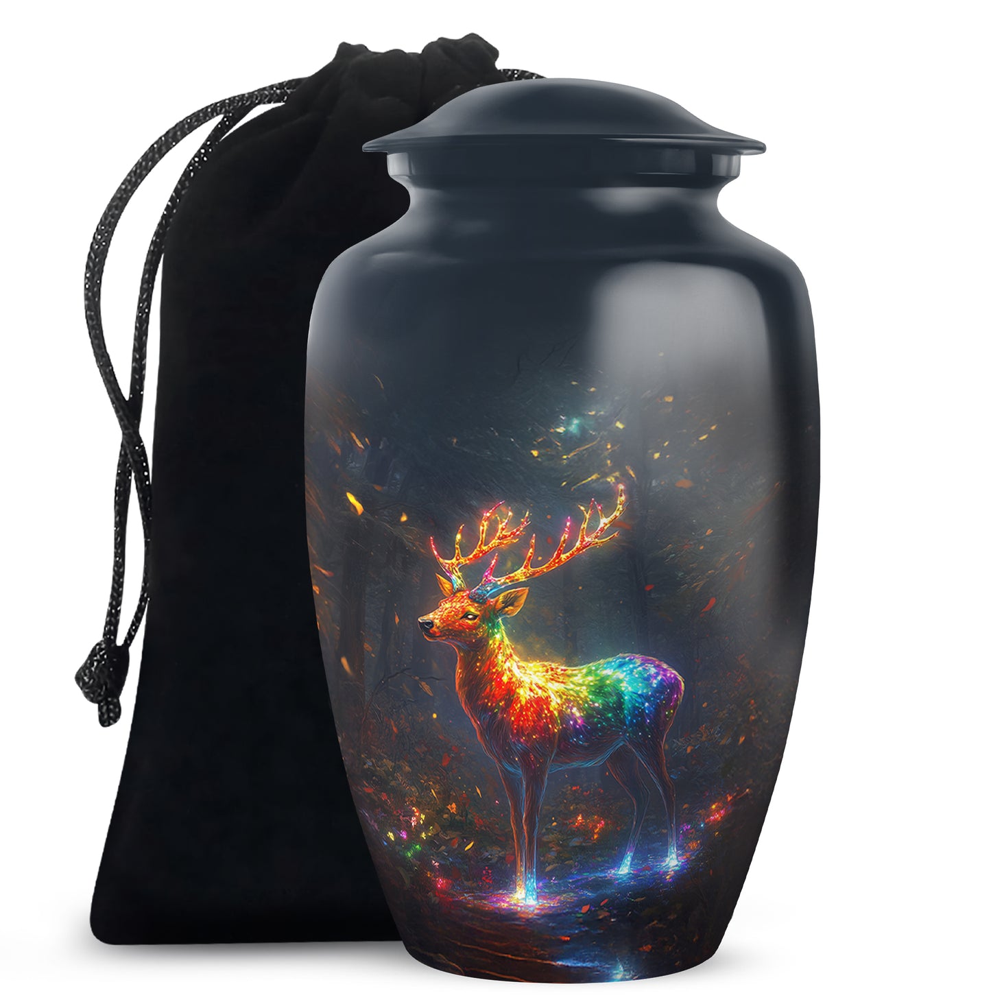 Sapphire Blue Deer Cremation Urn angled view of lid and engraved motif - elegant classic deer relief with fine detailing - full-size 10 inch 200 cubic inch adult cremation urn